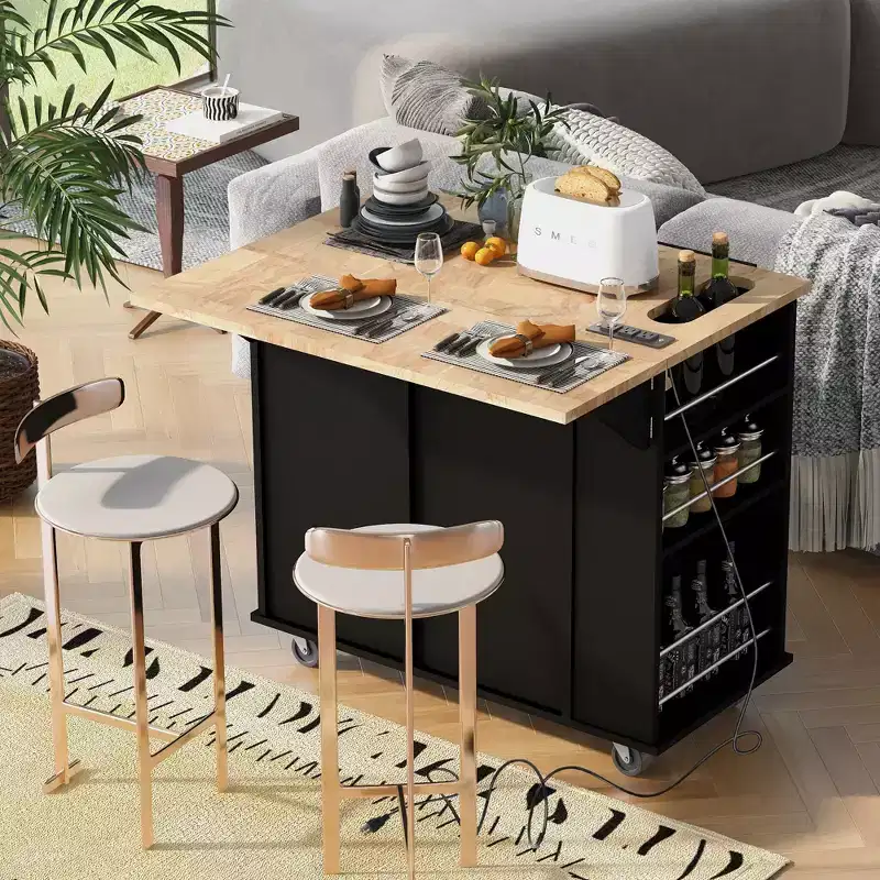 Modern Kitchen Island with Drop Leaf and Wheels