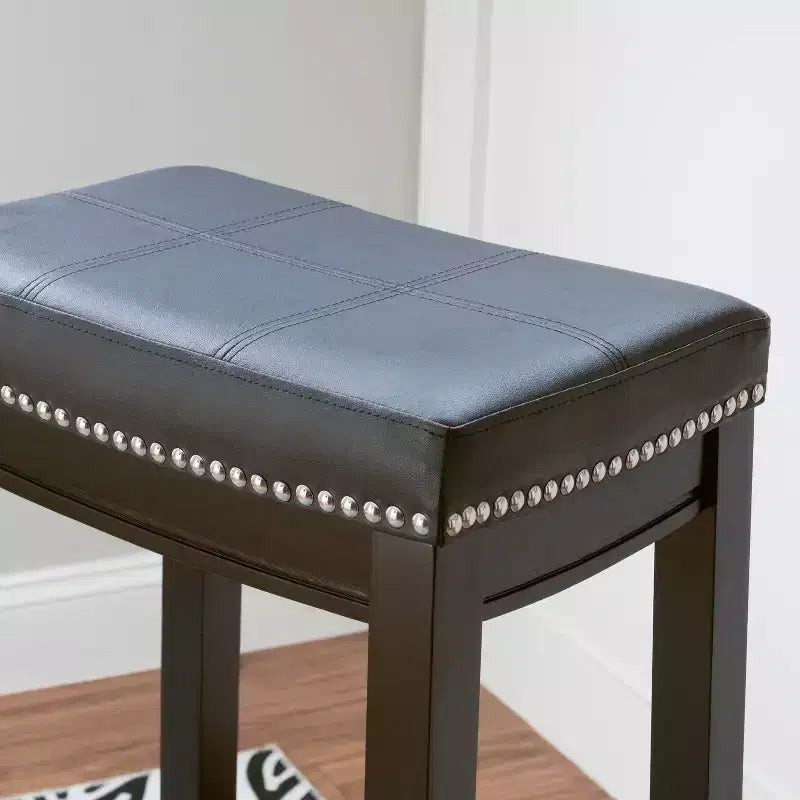 Set of 2 Faux Leather Barstools - Armless, Backless with Footrest, Fixed Height