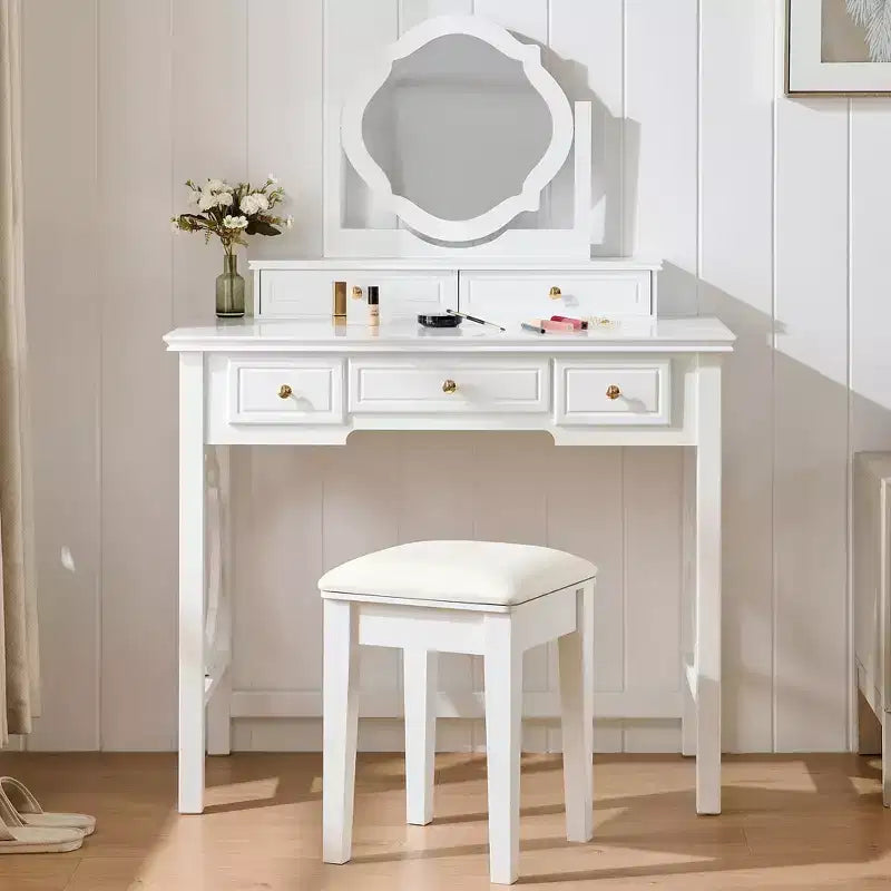 GDFStudio Hailey Makeup Vanity Table with Reversible Mirror, Faux Leather Stool and 5 Drawers