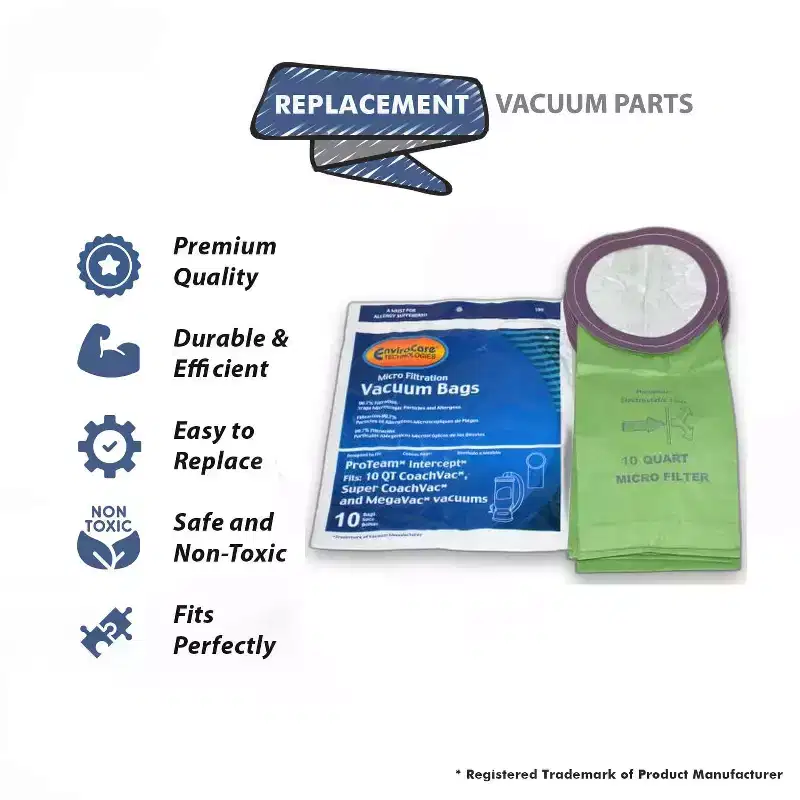 Topvacuumparts Replacement Part For Proteam Vacuum 10qt Paper Bags 10pk for Fit Model Coach, Super Coach, Raven, Part 180# compare to part 100331