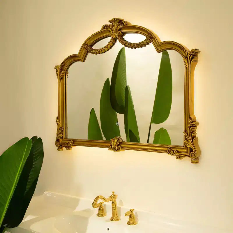 Baroque Revival Style Irregular Faux Leather Decorative Wall Mirror with 3-Color Adjustable Light