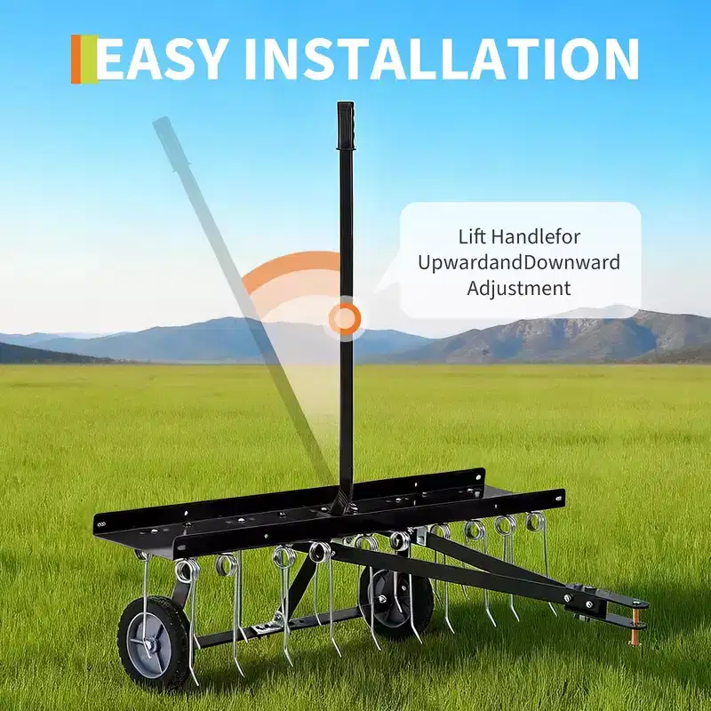 Tow-Behind Lawn Dethatcher Rake  40 Inch, 20 Spring Steel Tines, Lawn Sweeper for ATV/Mower, Includes Gloves