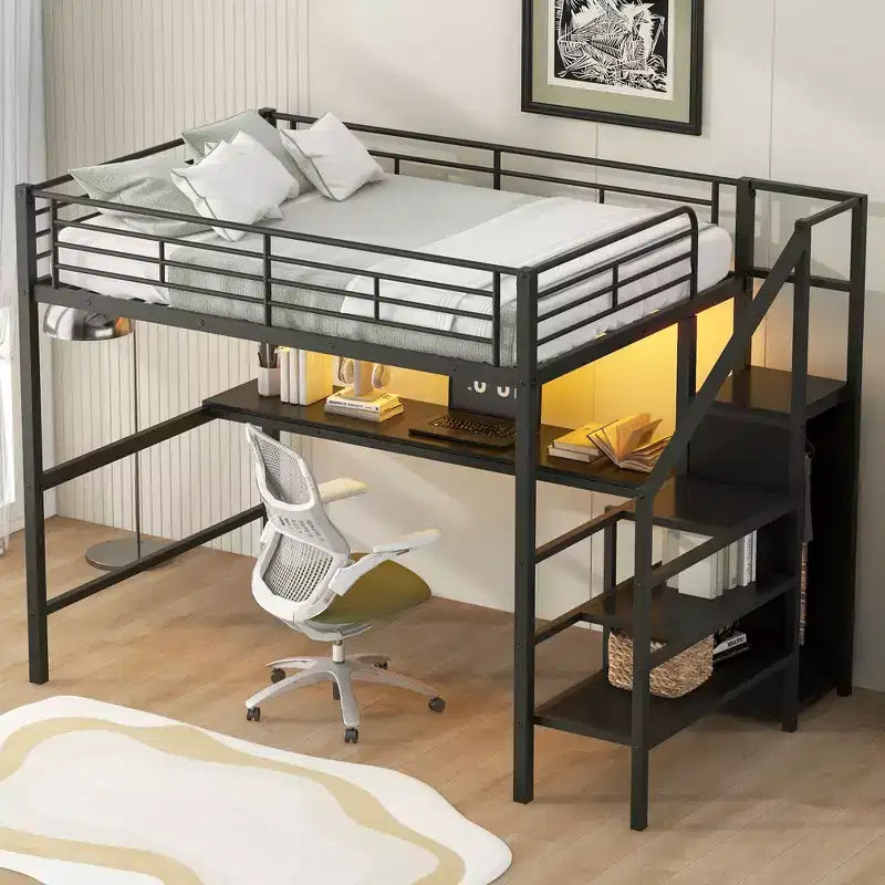 Full Size Metal Loft Bed with Desk, Storage Staircase and Small Wardrobe  ModernLuxe