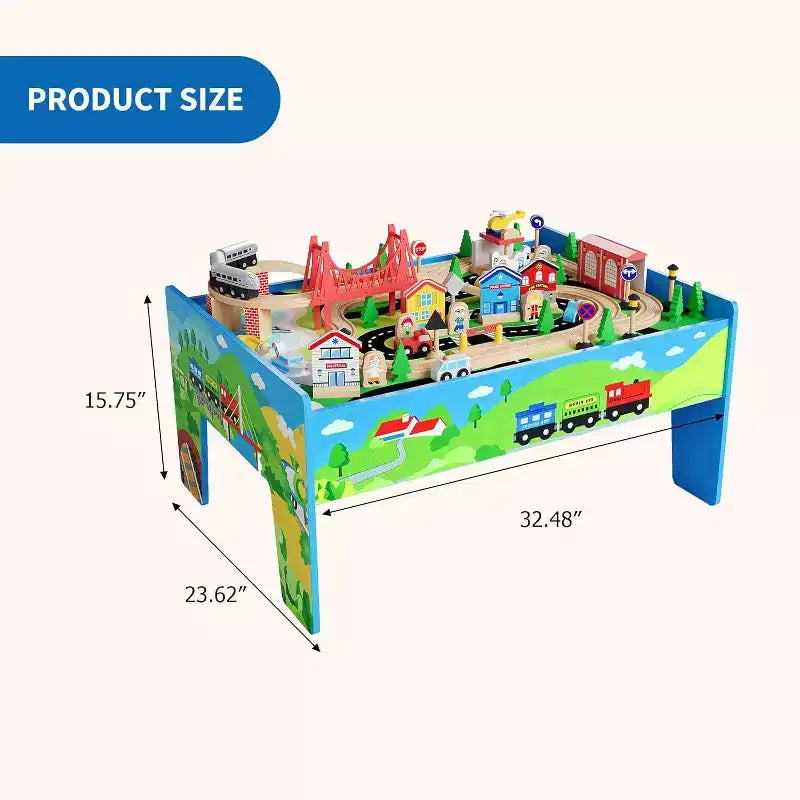 2-in-1 Train Table & Study Desk, 80 Pieces Wooden Kids Activity Playset with Tracks, Railway, Train & City Accessories, Gift for Toddler Boys Girls