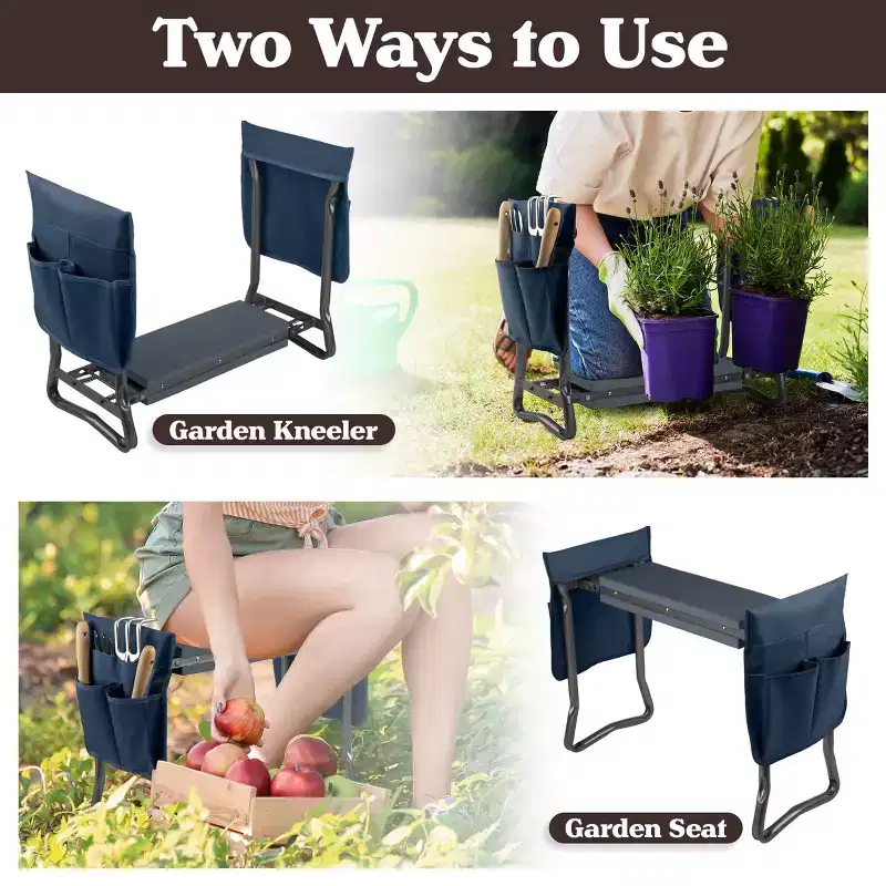 Gardening Kneeling Bench- Foldable Foam Pad Stool for Kneelers- 2 Tool Pouches & Handles
