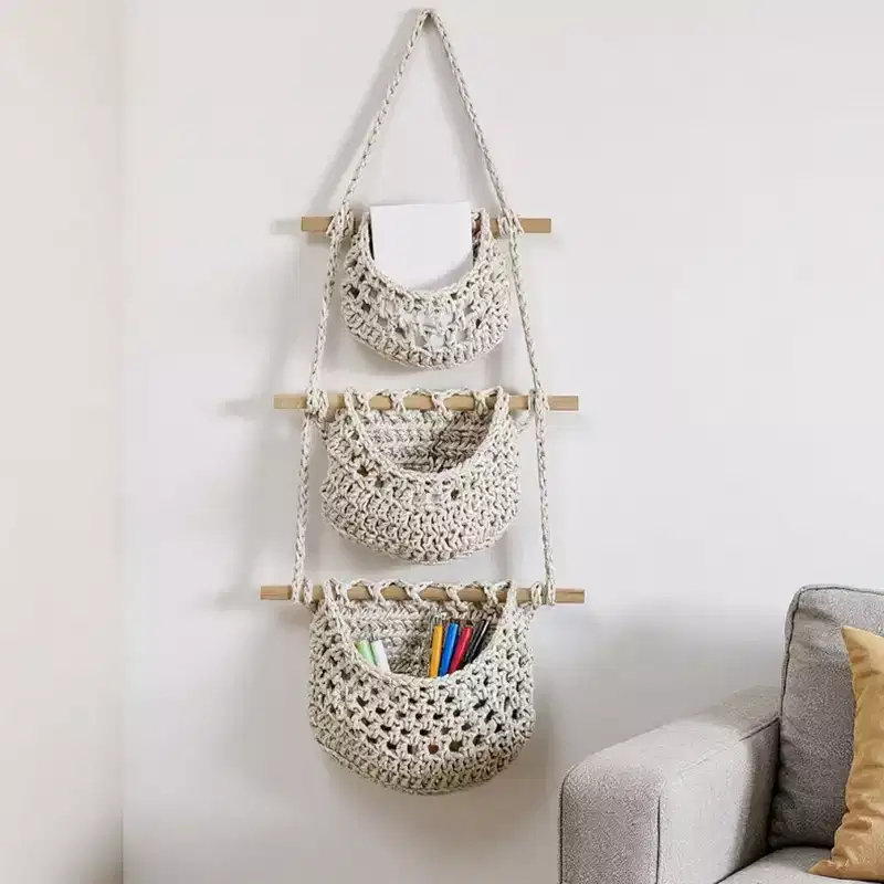 Alilang 3-Tier Woven Hanging Storage Baskets with Wooden Rods and Rope Hanger - Beige