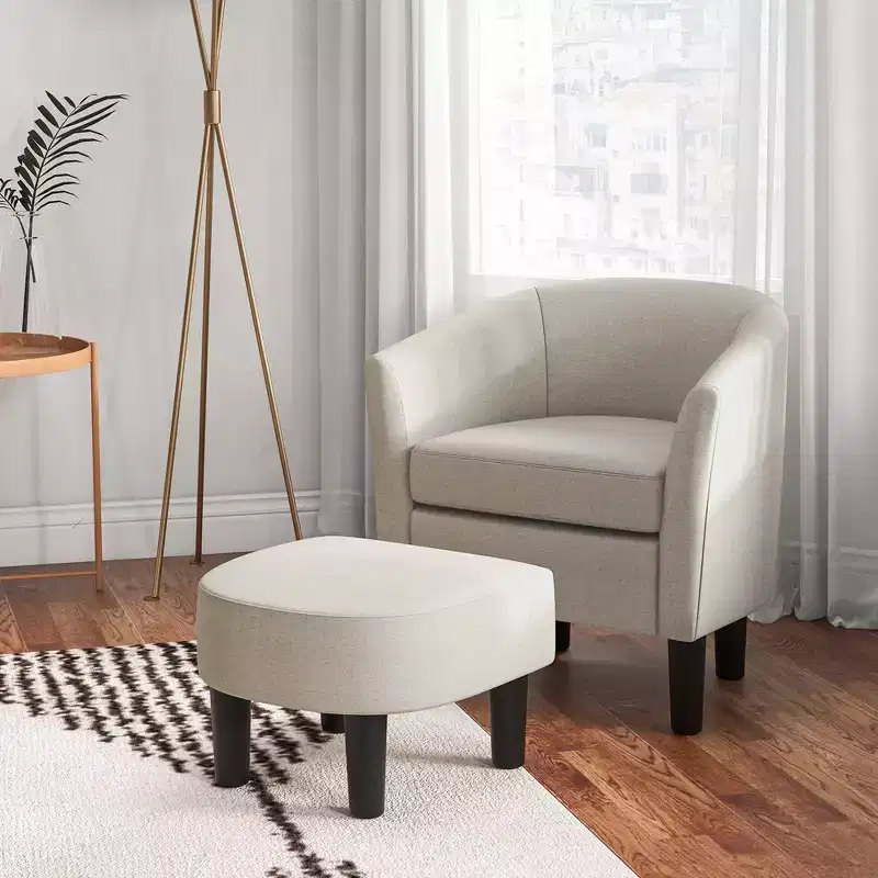 Costway Barrel Club Chair with Ottoman Set Footrest Curved Back & Removable Seat Cushion Grey/Beige