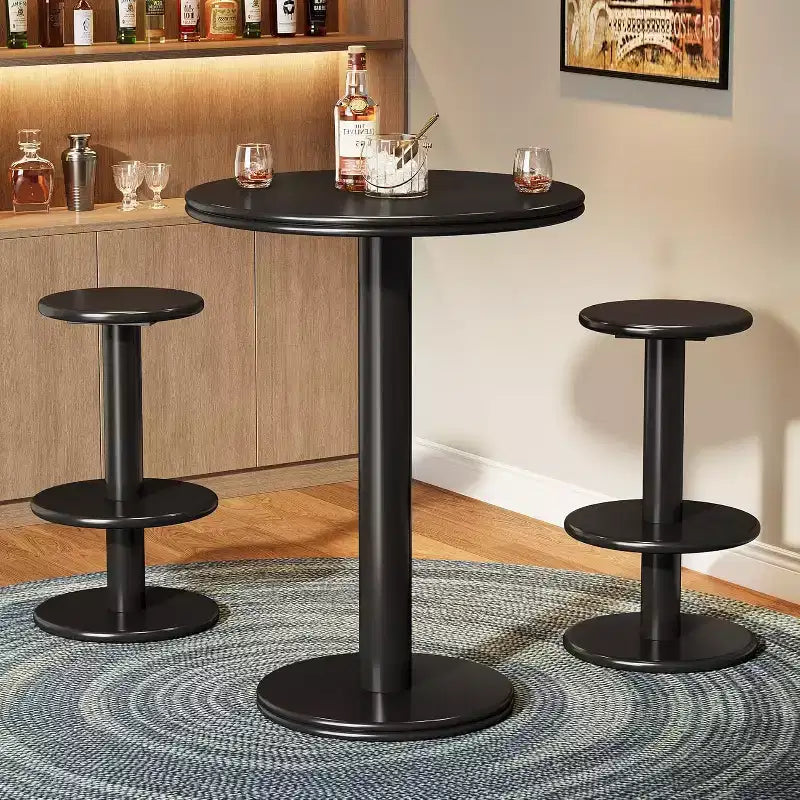 Lantine 39.4 H Round Bar Table and Chairs Set, Modern Bistro Pub Table with 2 Stools, Wooden Counter Height Cocktail Table for Small Bars