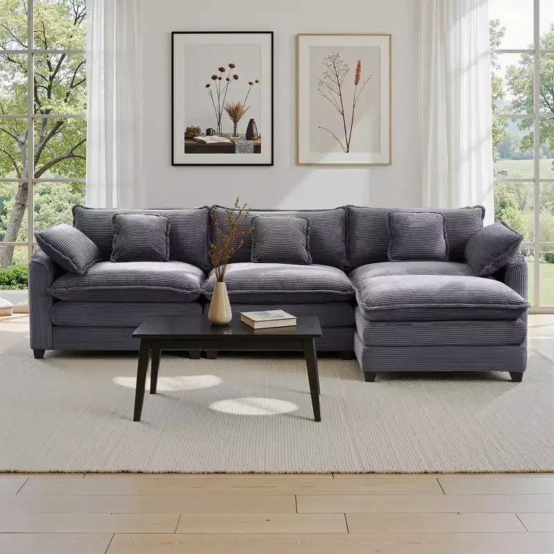 EHMKNP Corduroy 3-Seat Sectional Sofa - Modular with Ottoman