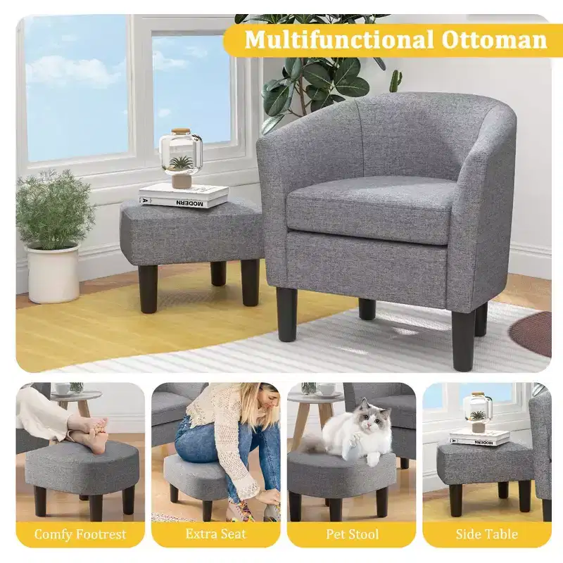 Costway Barrel Club Chair with Ottoman Set Footrest Curved Back & Removable Seat Cushion Grey/Beige