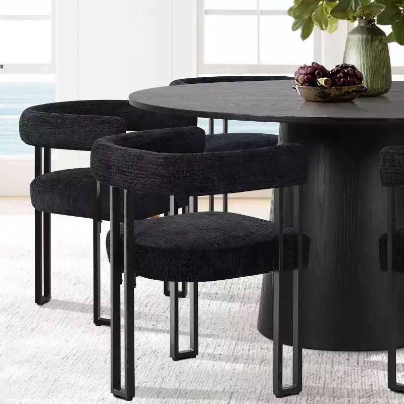 7-Piece Round Dining Table Set with 6 Upholstered Chenille Chairs, 52 Modern Pedestal Table with Metal Leg Dining Chairs for Kitchen-Panipeachy