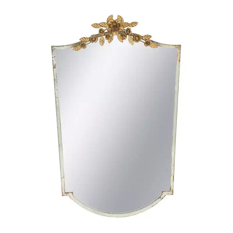 24 x 37.4 Inch Decorative Arched Wall Mirror with Distressed Ivory Frame and Gold Floral Crown