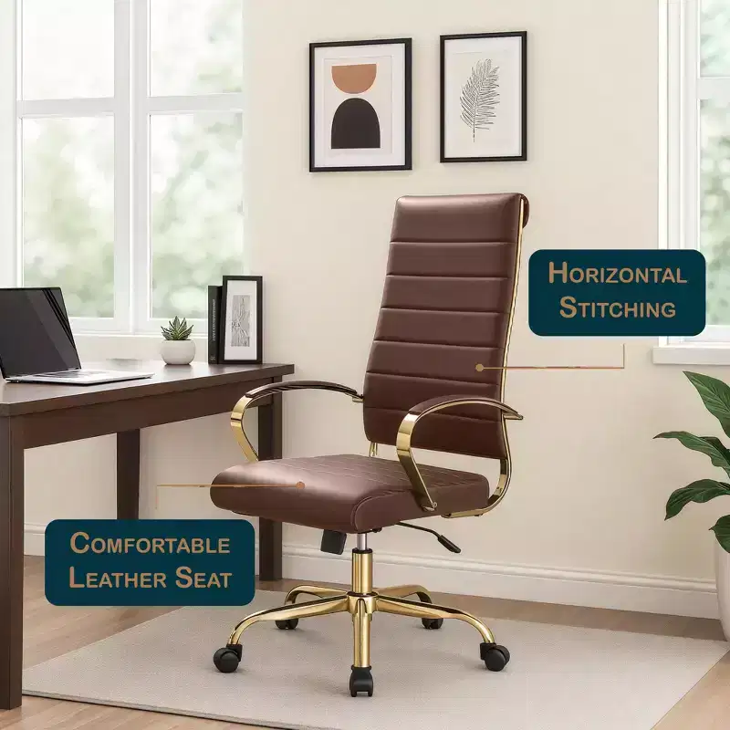 LeisureMod Benmar High-Back Ribbed Leather Office Chair - Modern Swivel & Tilt Executive Desk Chair - Gold Base