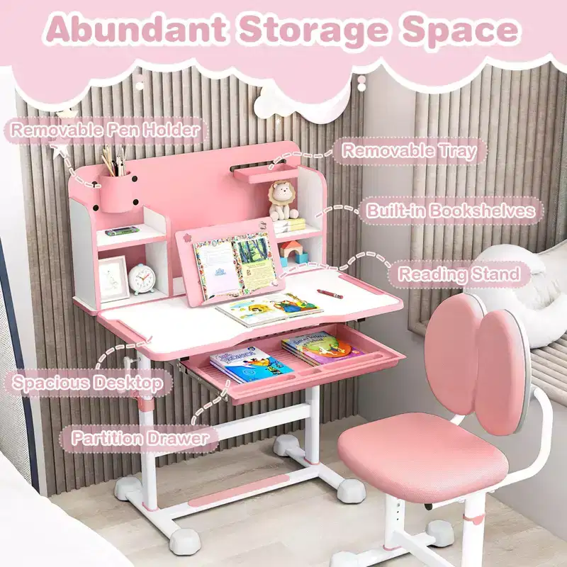 Costway Kids Study Desk & Chair Set with Tilt Desktop, Pen Holder & Tray, Reading Stand Blue/Gray