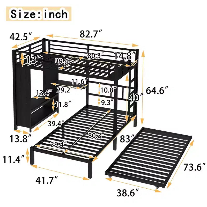 Full over Twin Bunk Bed with Built-in Wardrobe, Trundle, and Foldable Desk