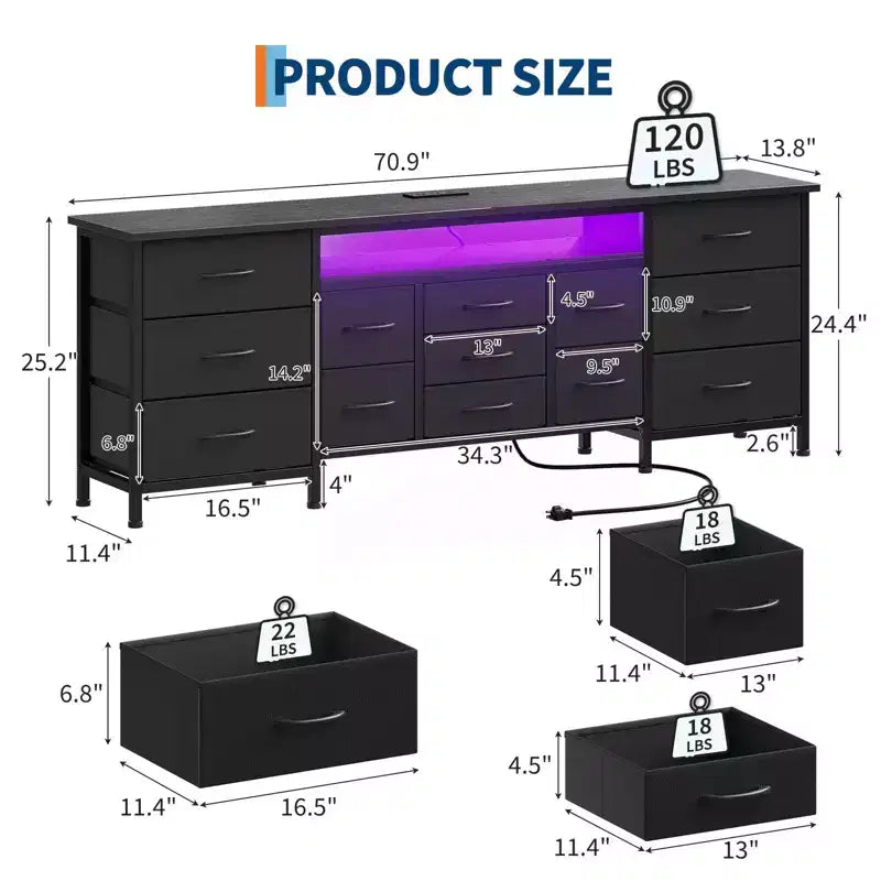 COZONY 70 Black Dresser with 13 Fabric Drawers & LED Lights, Wide TV Stand Chest with Metal Frame for Bedroom & Living Room