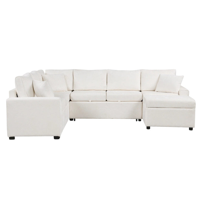 Chenille Sectional Sofa Pull-out Sofa Bed, L-Shape Sleeper Sofa with Storage Ottoman, 3 Pillows and Charging Devices