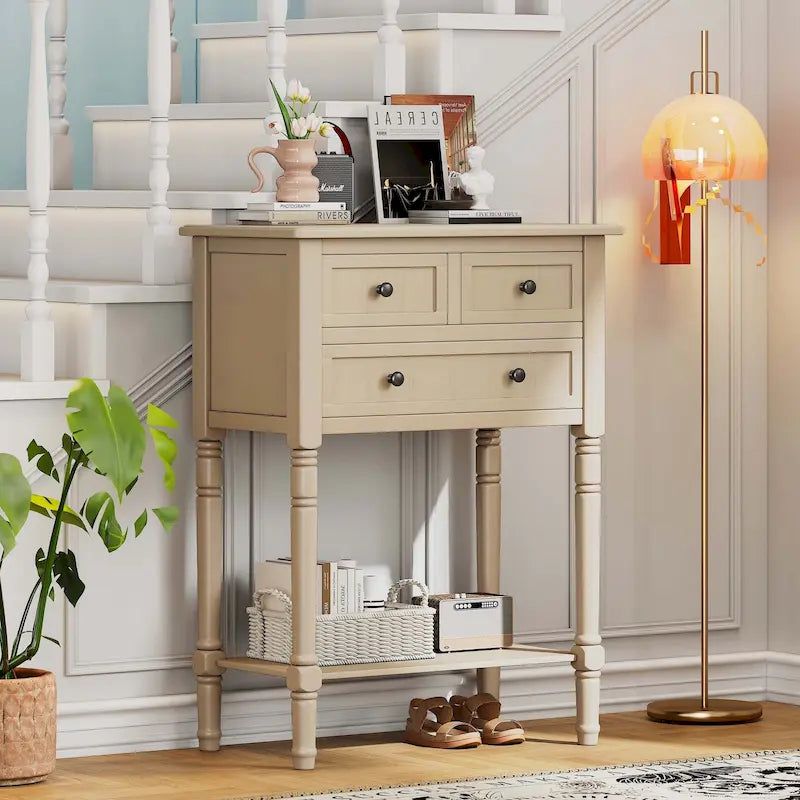 Narrow Console Table with Drawers and Bottom Shelf
