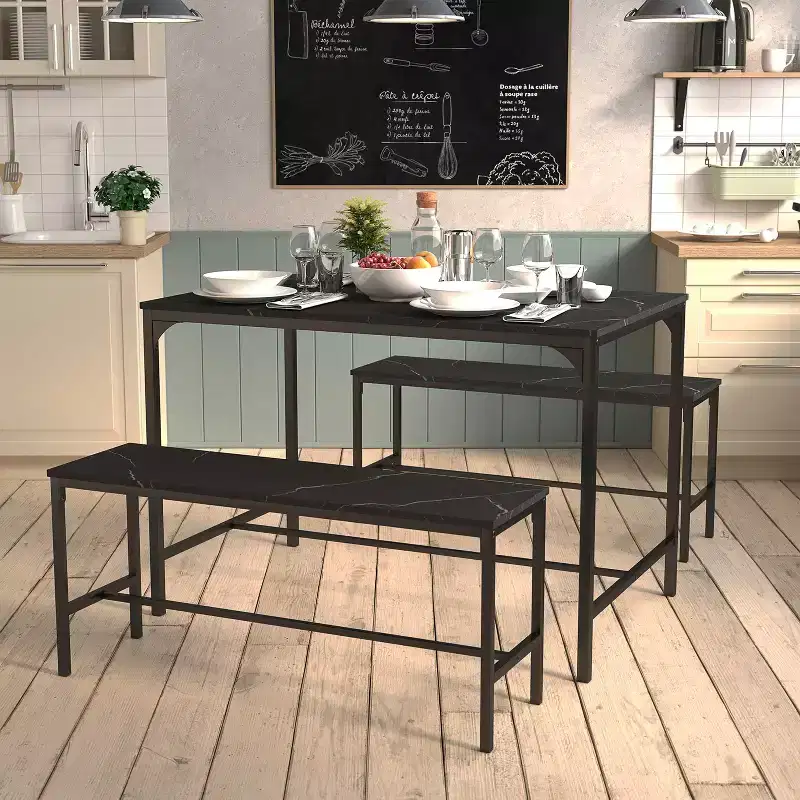 FurnitureR 3 Piece Dining Table Set with Benches, Modern Marble Kitchen Table Set, Space Saving Dining Room Set for Apartment or Small Dining Area