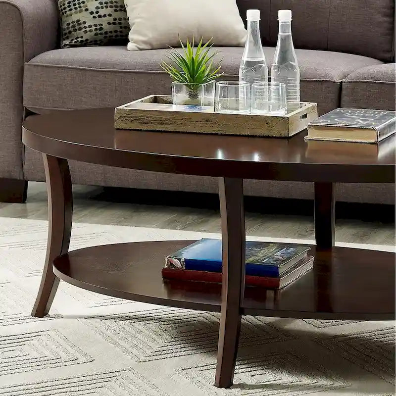 Oval Birch Wood Veneer Coffee Table with Lower Shelf