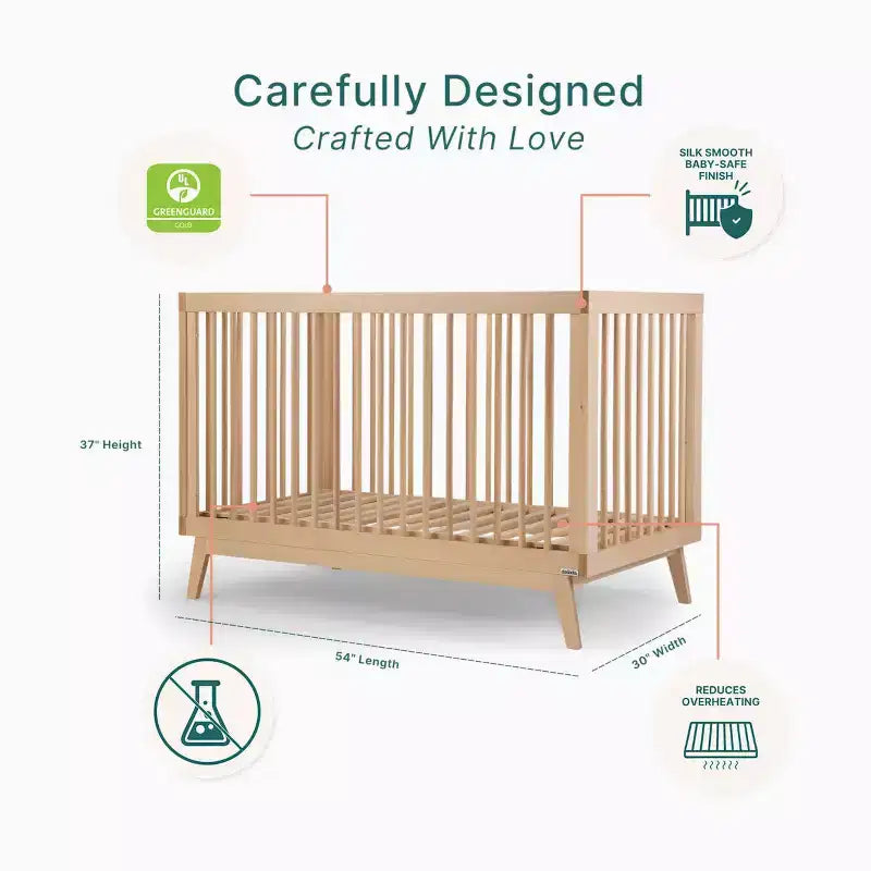 3-in-1 Convertible Crib, Solid European Beechwood, GREENGUARD Gold Certified, Made in Italy