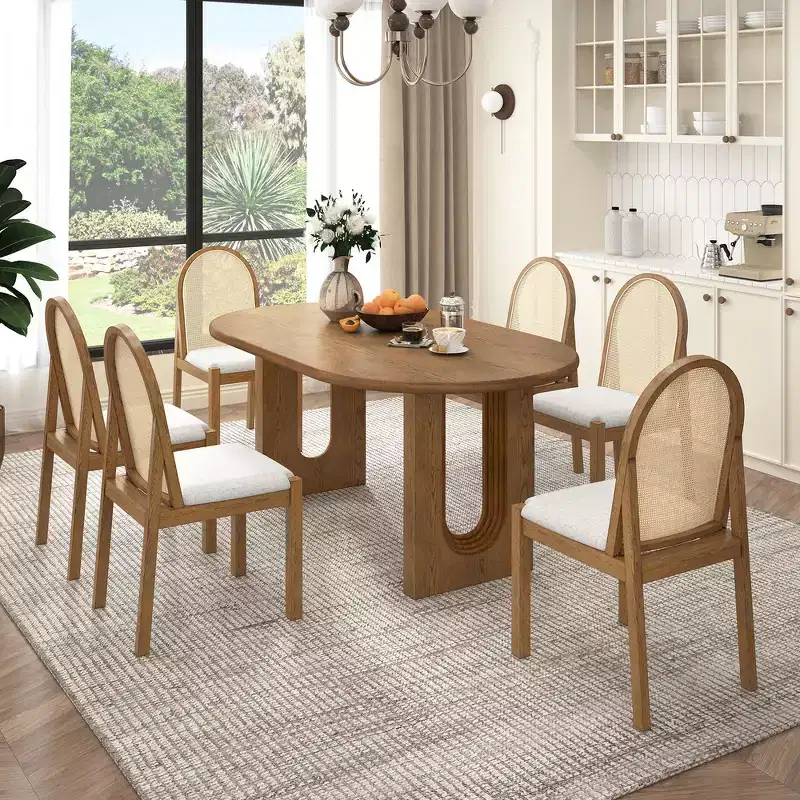 Whisen 7-Piece Farmhouse Dining Table Sets, Kitchen Wood Dining Set Furniture for 6, Oval Dining Table and 6 Rattan Chairs