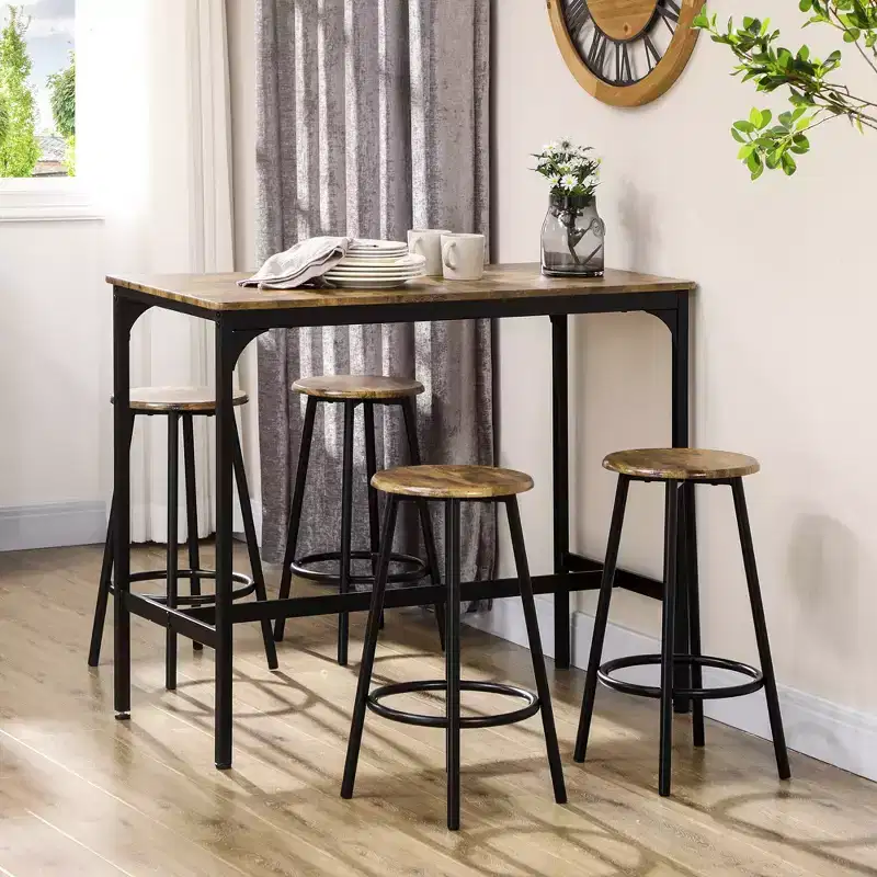 HOMCOM 5-Piece Counter Height Bar Table and Chairs Set, Rustic Bar Table with Stools, Kitchen Table 4 Chair Bar Table with Wooden Top