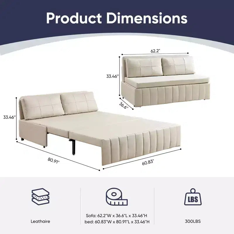 Mjkone W62inch Pull Out Sofa Bed, 3-in-1 Modern Pull Out Leathaire Fabric Sleeper Sofa Couch,Chaise Lounge