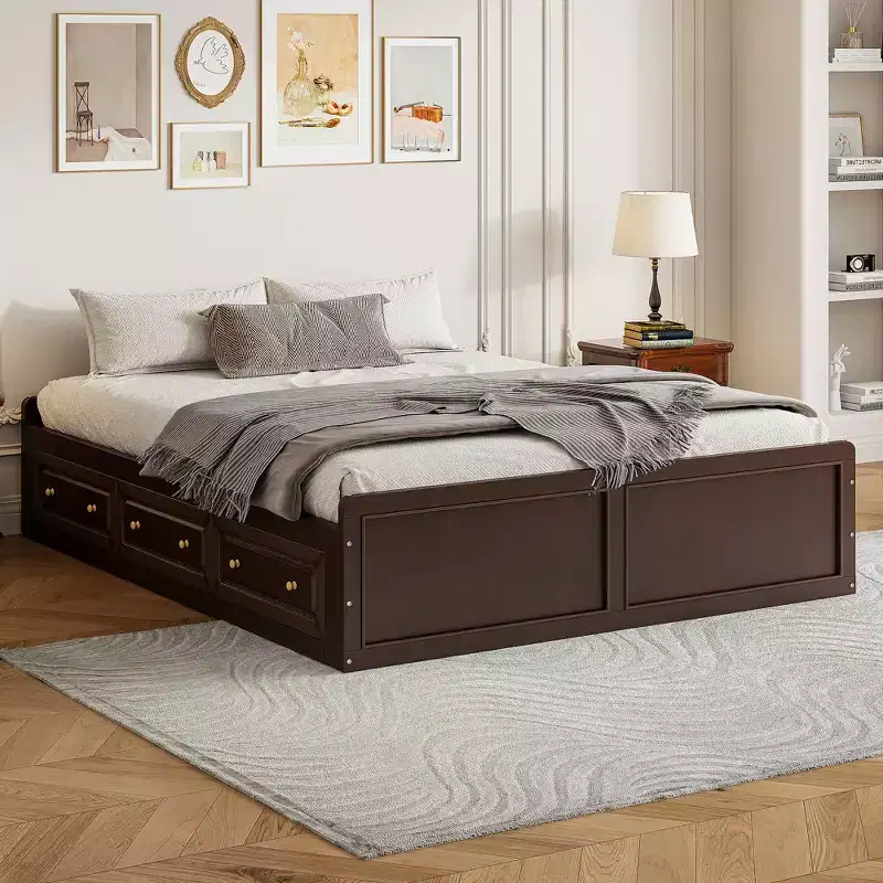 Whisen Queen Size Wood Platform Bed Frame with 6 Drawers