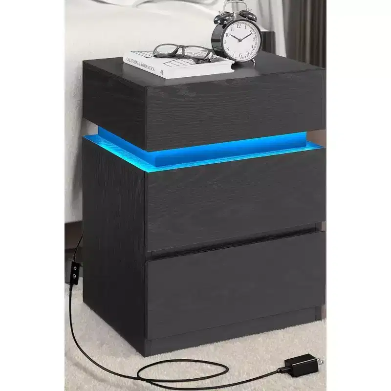 Nightstand with LED Lights, Bedside Table with Adjustable Light Colors, Modern Style Side Table featuring 3 Drawers, 13.8 x 15.7 x 21.7 Inches