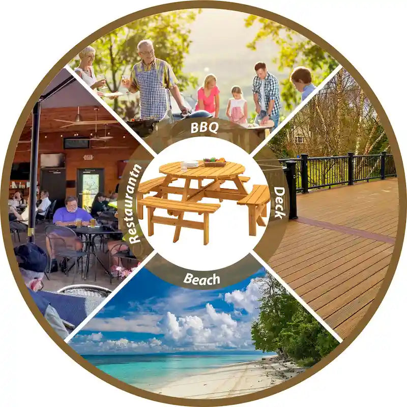 8-Person Outdoor Patio Fir Wood Round Picnic Dining Set with 4 Built-in Benches and Umbrella Hole