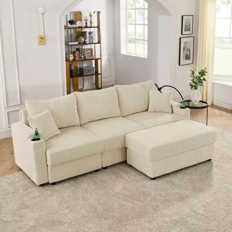 Modern 3 Seater Corduroy 102 Sofa with Cup Holders,Mobile Phone Holder, Armrest Storage and Ottoman