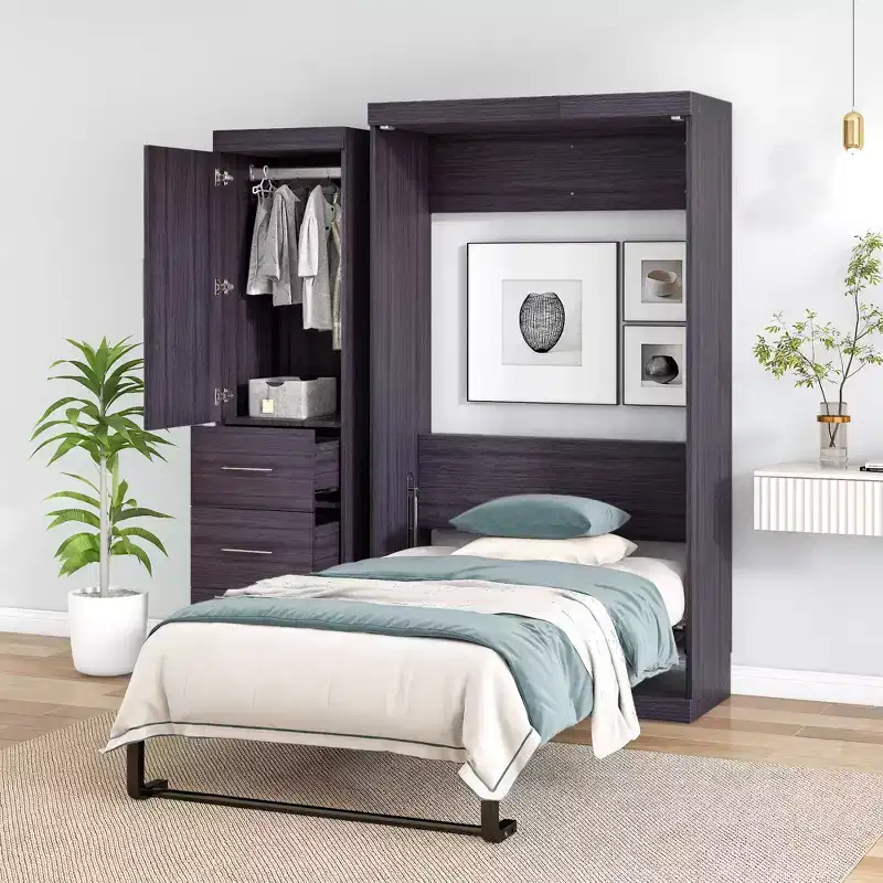 Murphy Bed with Wardrobe and 3 Drawers – Foldable Wall Bed Frame