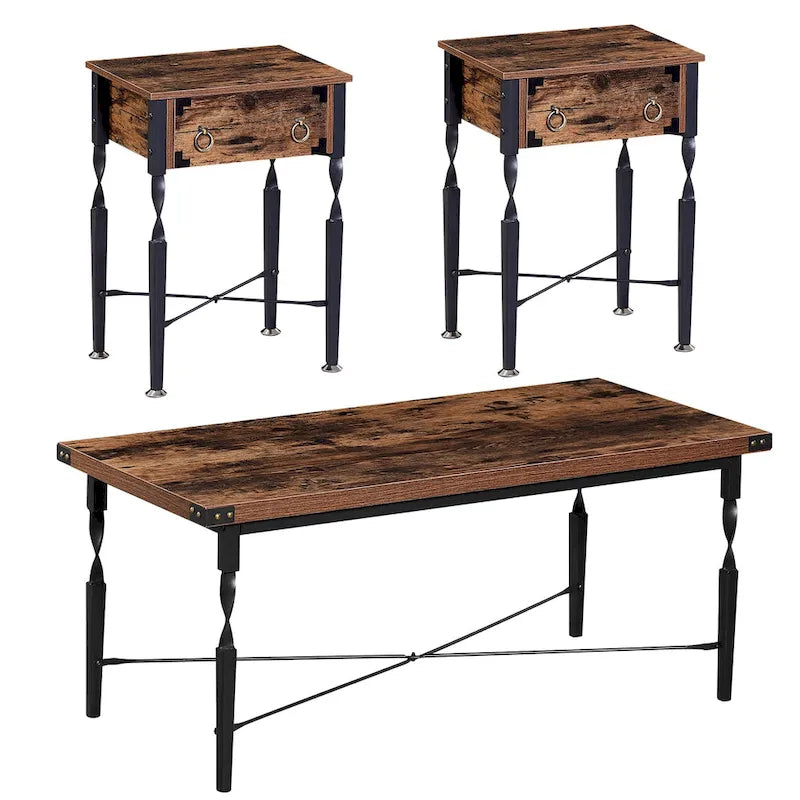 Set of 3 Coffee Table Sets with Coffee Table + 2 End Tables, X-Shaped Design, Rustic Brown