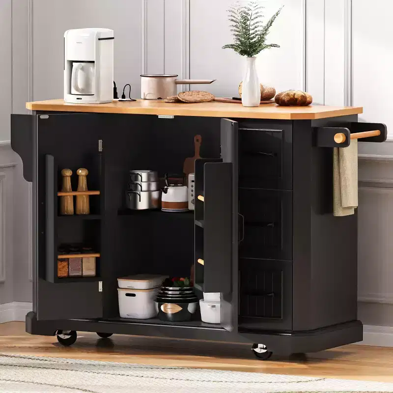 Kitchen Cart with Rubberwood Drop Leaf, Power Outlet, 4 Door Shelves and 6 Drawers