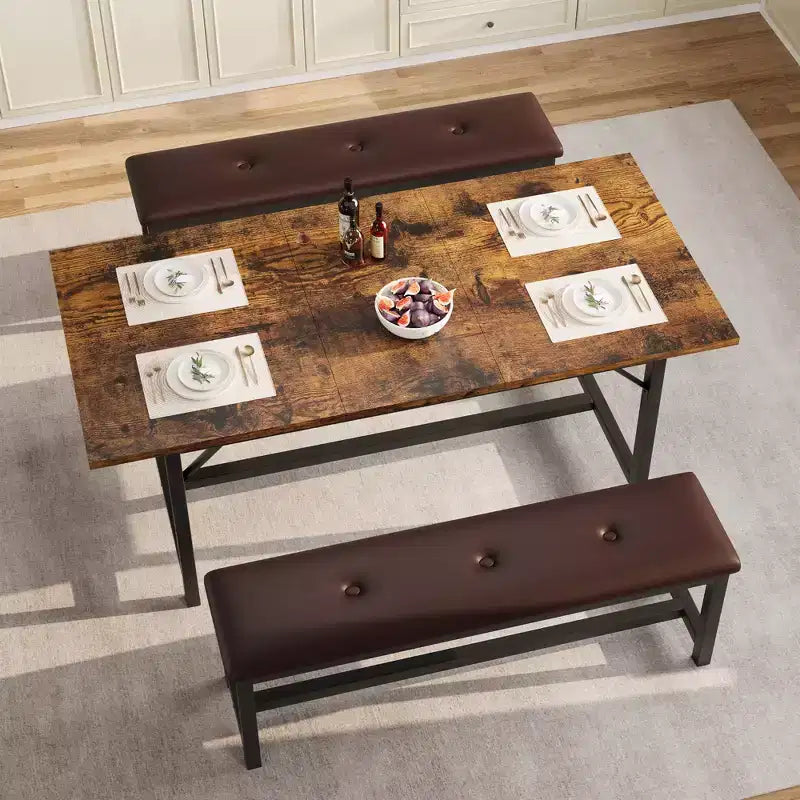 Garvee Extendable Dining Table Set for 4-6, Large Rectangle Table with 2 Upholstered Benches, Extendable Kitchen Table Set for Apartment, Small Space