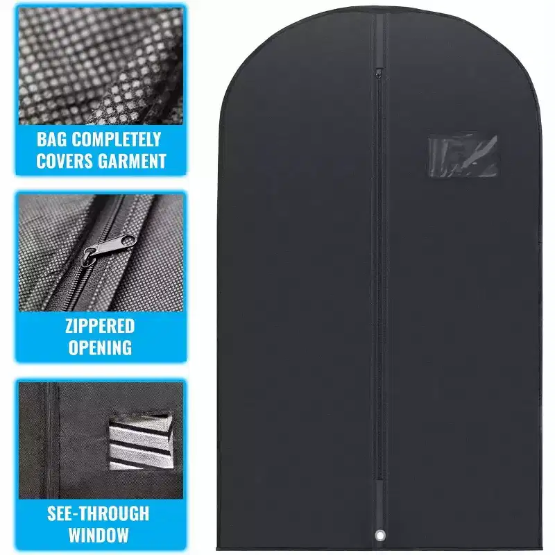 Plixio 40 Black Garment Bags Suit Bag for Travel & Clothing Storage of Dresses, Shirts, Fur Coats, Jackets & Dance Costumes - Hanging Suit Cover