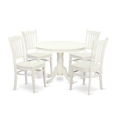 HomeStock Belmont 5 Piece Dining Room Furniture Set Includes a Round Dining Table with Pedestal and 4 Wood Seat Chairs, 42x42 Inch, Linen White