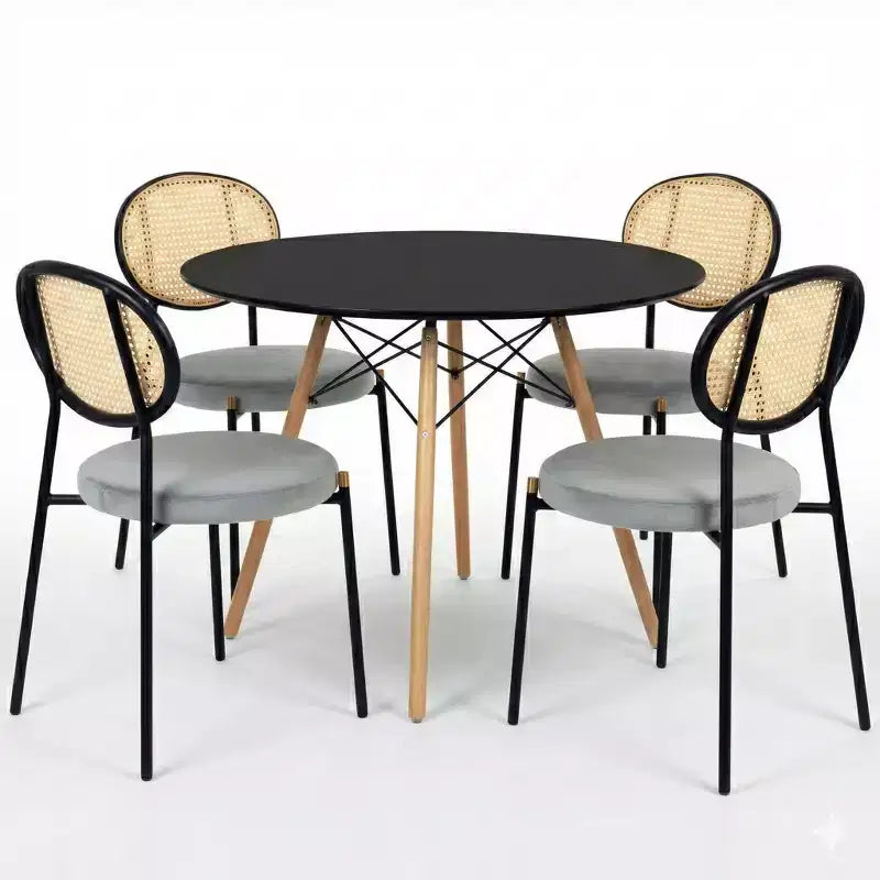 LeisureMod Dover 5pc Modern Dining Set, Round Black Wood Top Dining Table and 4 Velvet Upholstered Chairs with Metal Legs, Small Space Kitchen Set