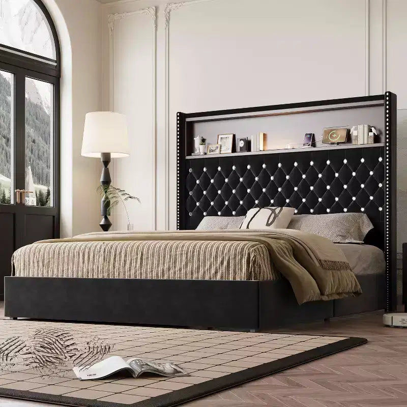 MAYEERTY Queen Size Velvet Tufted Bed with Port Night Light 52 HIgh Headboard with Rivet Decor Headboard Shelf for Bedroom Black