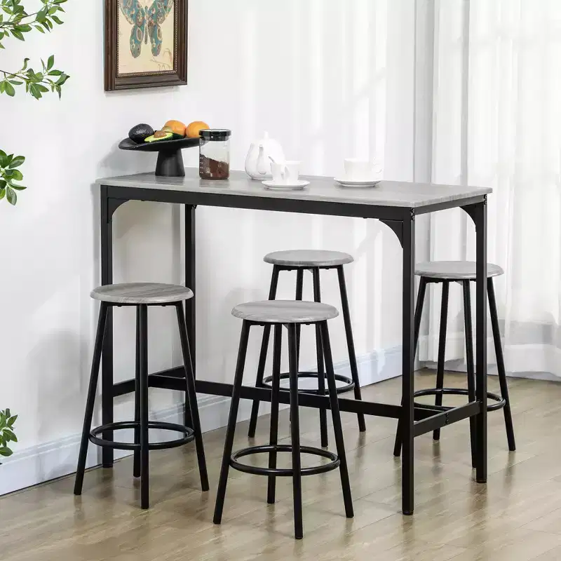 HOMCOM 5-Piece Counter Height Bar Table and Chairs Set, Rustic Bar Table with Stools, Kitchen Table 4 Chair Bar Table with Wooden Top