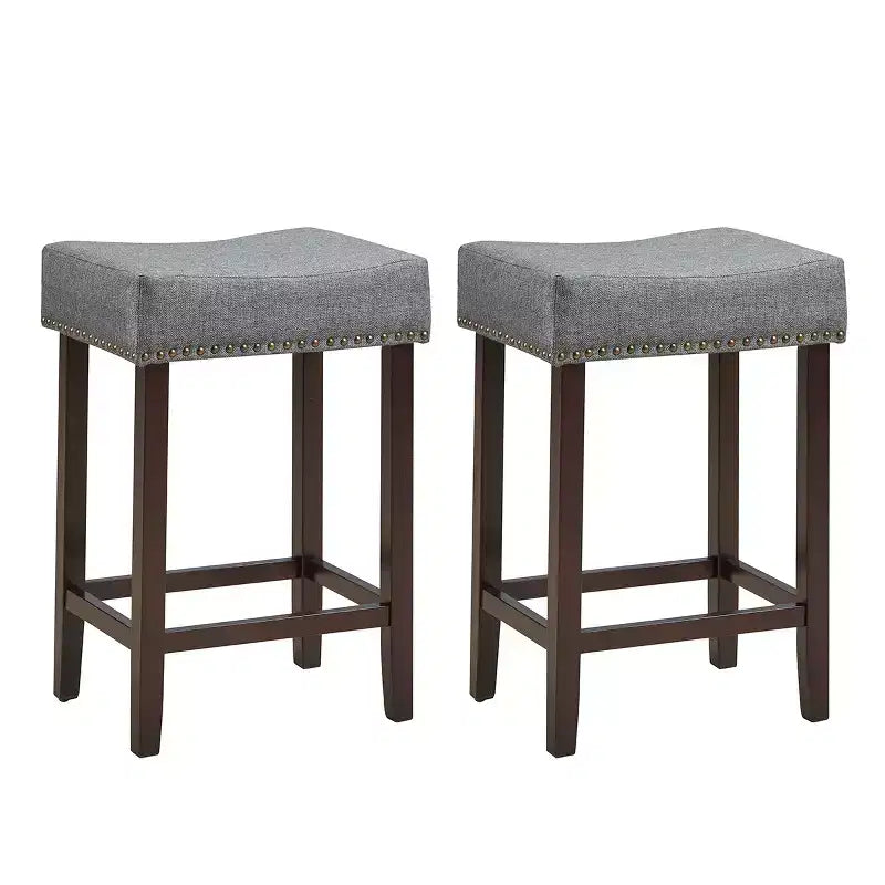 Set of 2 Nailhead Saddle Bar Stools 24 with Fabric Seat & Wood Legs, Beige/Gray