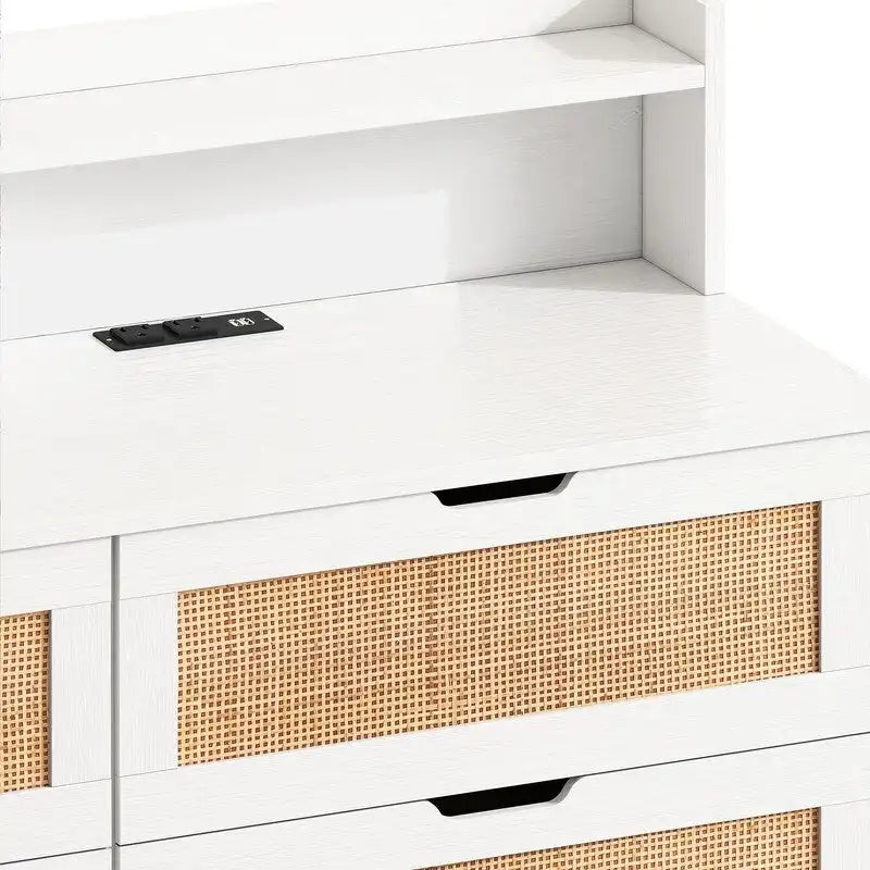 Bohemian Rattan 6-Drawer Sideboard Buffet with Adjustable LED Lights & Power Outlet