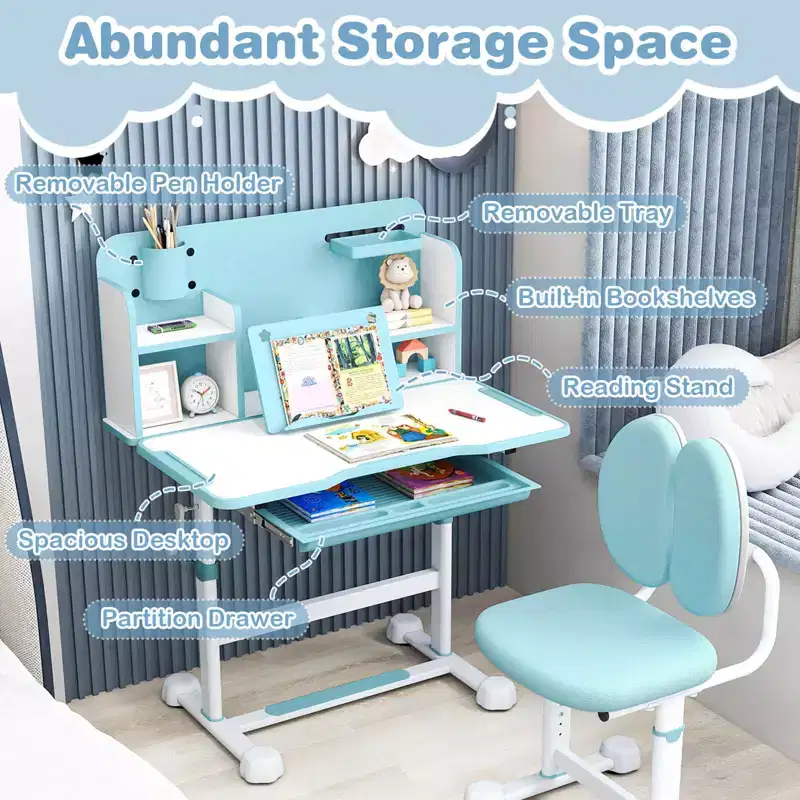 Costway Kids Study Desk & Chair Set with Tilt Desktop, Pen Holder & Tray, Reading Stand Blue/Gray