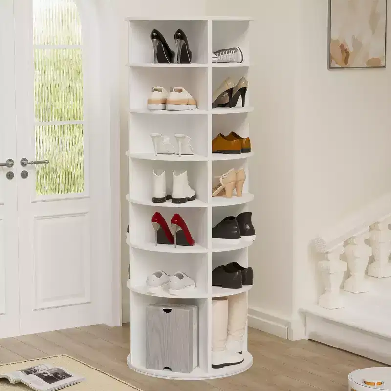 7-Tier Rotating Shoe Rack Tower, Freestanding 360 Rotating Storage Stand, Elevated Base Design Shoe Tower with Rotating Storage Tray - White