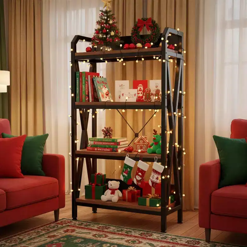 Homy Casa 33.50'' Steel and Wood 4-Tier Decorative Bookshelf, Modern Industrial Storage Rack for Living Room, Office & Kitchen, Rustic Brown