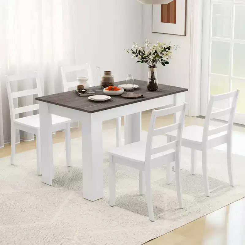 Costway 5 PCS Dining Set Modern Rectangle Table & 4 Rubber Wood Chairs Kitchen Breakfast