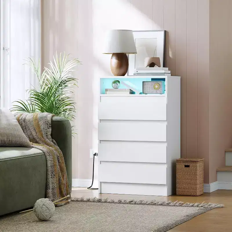 Acekool 4 Drawer Storage Cabinet with LED Light and Charging Station, White Modern Dresser, Utility Storage Cabinet for Bedroom and Living Room