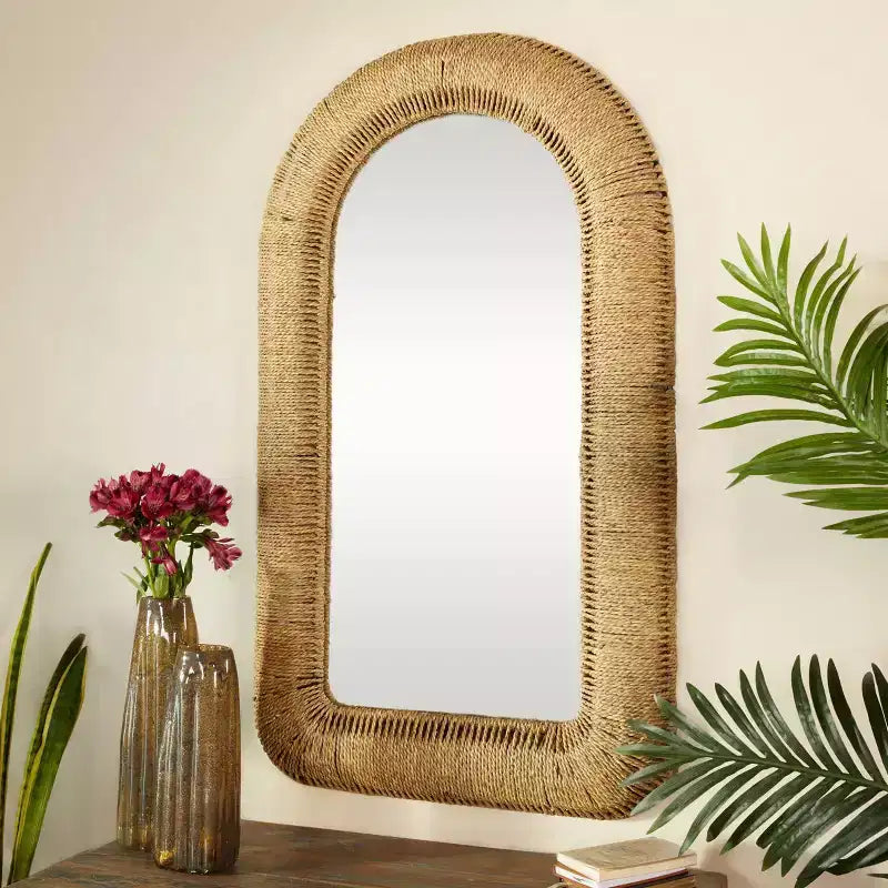 Bohemian Iron Metal Window Pane Inspired Wall Mirror with Arched Top Brown - Olivia & May