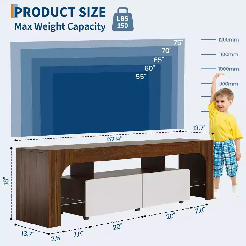 Modern TV Stand for 55-75 Inch TVs,Entertainment Center with Storage Drawer & Glass Shelves, Media Console for Living Room & Bedroom